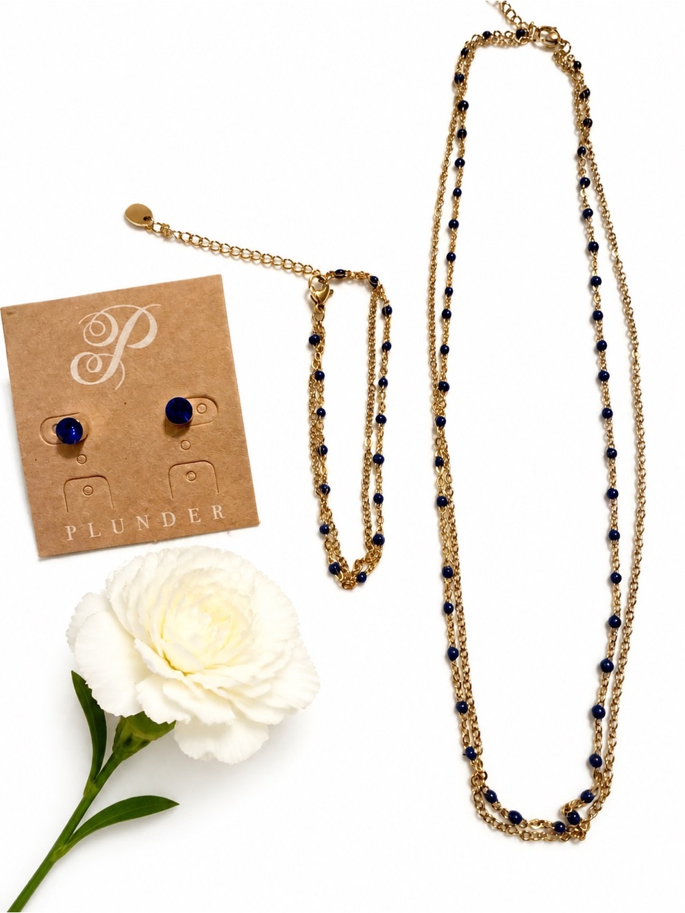 Plunder Gold-Tone Layered Necklace and Navy Bead Studs